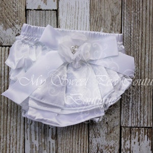 White Satin Ruffle Bloomers- Diaper Cover - Baby Girl Outfit- Newborn Outfit - Cake smash outfit- Photo Prop