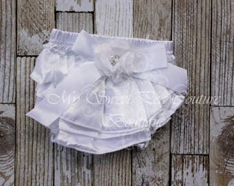 White Satin Ruffle Bloomers- Diaper Cover - Baby Girl Outfit- Newborn Outfit - Cake smash outfit- Photo Prop