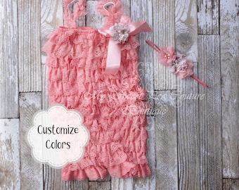 Coral Lace Romper & Headband Set: Peach First Birthday Outfit, Cake Smash Ensemble for Baby Girls
