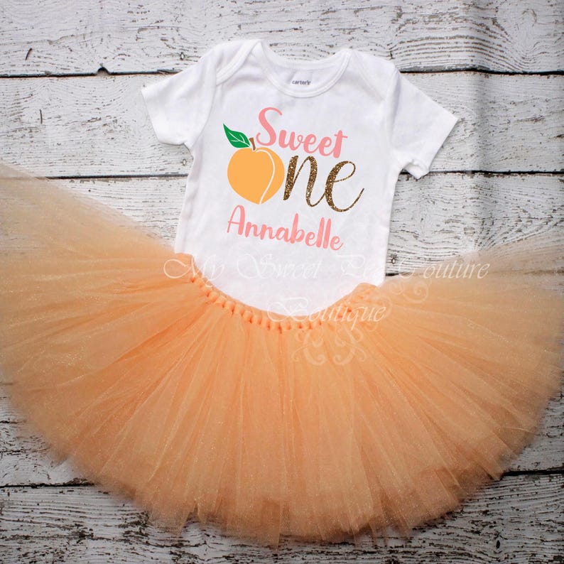Ensemble « Premier anniversaire » couleur pêche : T-shirt personnalisé avec prénom et tutu fait main | 100 % coton | Taille élastique, motif double épaisseur image 3