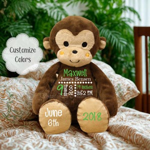 Personalized Monkey Keepsake: Birth Announcement & Baptism Gift with Baby Stats for Boys