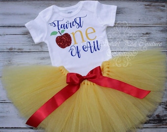 Snow White Inspired Birthday Outfit: Fairest One Cake Design - Heat Press Vinyl, Tulle Tutu Skirt, Baby Girls Clothes