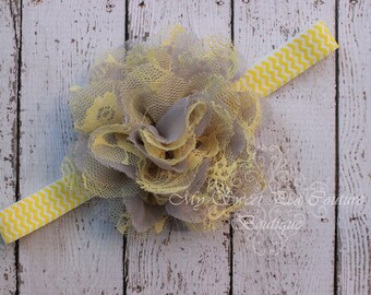 Yellow and Gray Lace Flower Headband- Chevron Headband Grey & Yellow Headband Baby Headband Yellow Headband Gray Headband Baby Shower