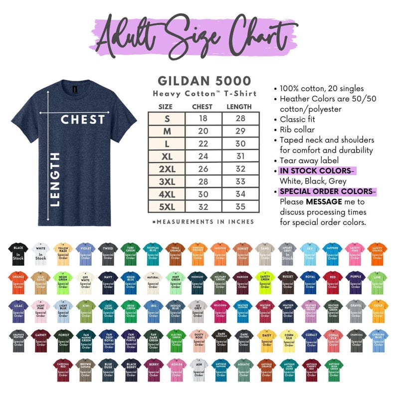 The image is an adult size chart for a GILDA 5000 heavy cotton T-shirt. It includes a chart with measurements in inches and a list of color options, along with a list of color options and their corresponding measurements. The chart and color options are presented in a visually appealing manner, with a variety of colors and sizes available for the shirt.