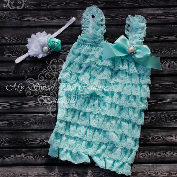 Aqua Embelished Lace Petti Romper & Headband Set - Ruffle Romper Set- Romper- Baby Petti Romper- Headband- Photo prop- Birthday Outfit- Aqua