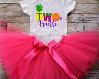Tenue Twotti Fruitti pour le deuxième anniversaire, T-shirt coloré à motifs de fruits | Motif thermocollant | Option tutu et prénom