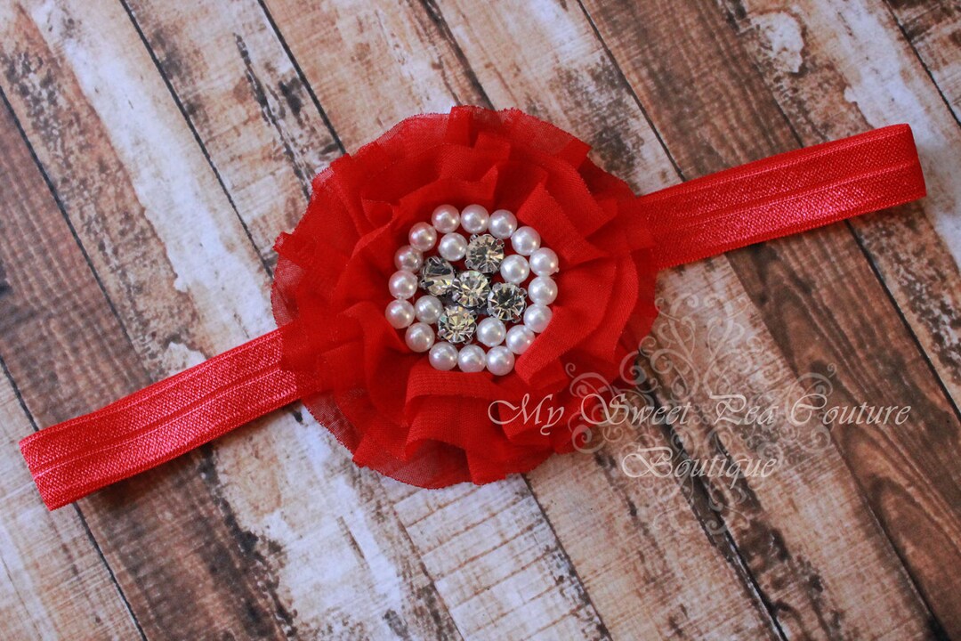 Red Sparkle Couture Chiffon Ruffle Flower With Pearls & - Etsy
