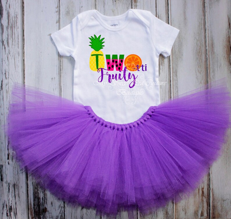 Two Ttti Fruity Bodysuit, Custom Name Option - Heat Pressed Vinyl | Cotton Tutu Birthday Outfit | Toddler Summer Tee image 4