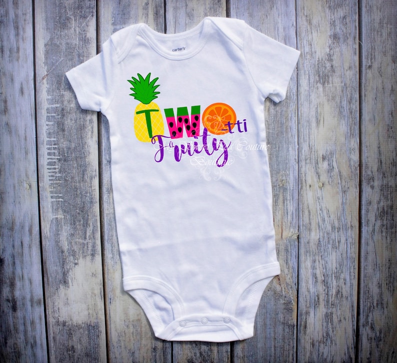 Two Ttti Fruity Bodysuit, Custom Name Option - Heat Pressed Vinyl | Cotton Tutu Birthday Outfit | Toddler Summer Tee image 2