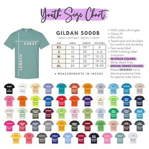 The image is a youth size chart for a GILDA 5000B heavy cotton youth t-shirt. It includes measurements in inches and a list of available colors, along with a special order message for discussing processing times.
