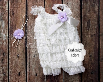 Ivory Embelished Lace Romper & Headband Set First Birthday Outfit Ivory Romper Cake Smash Outfit Baby Romper Baptism Dress Baby Gift