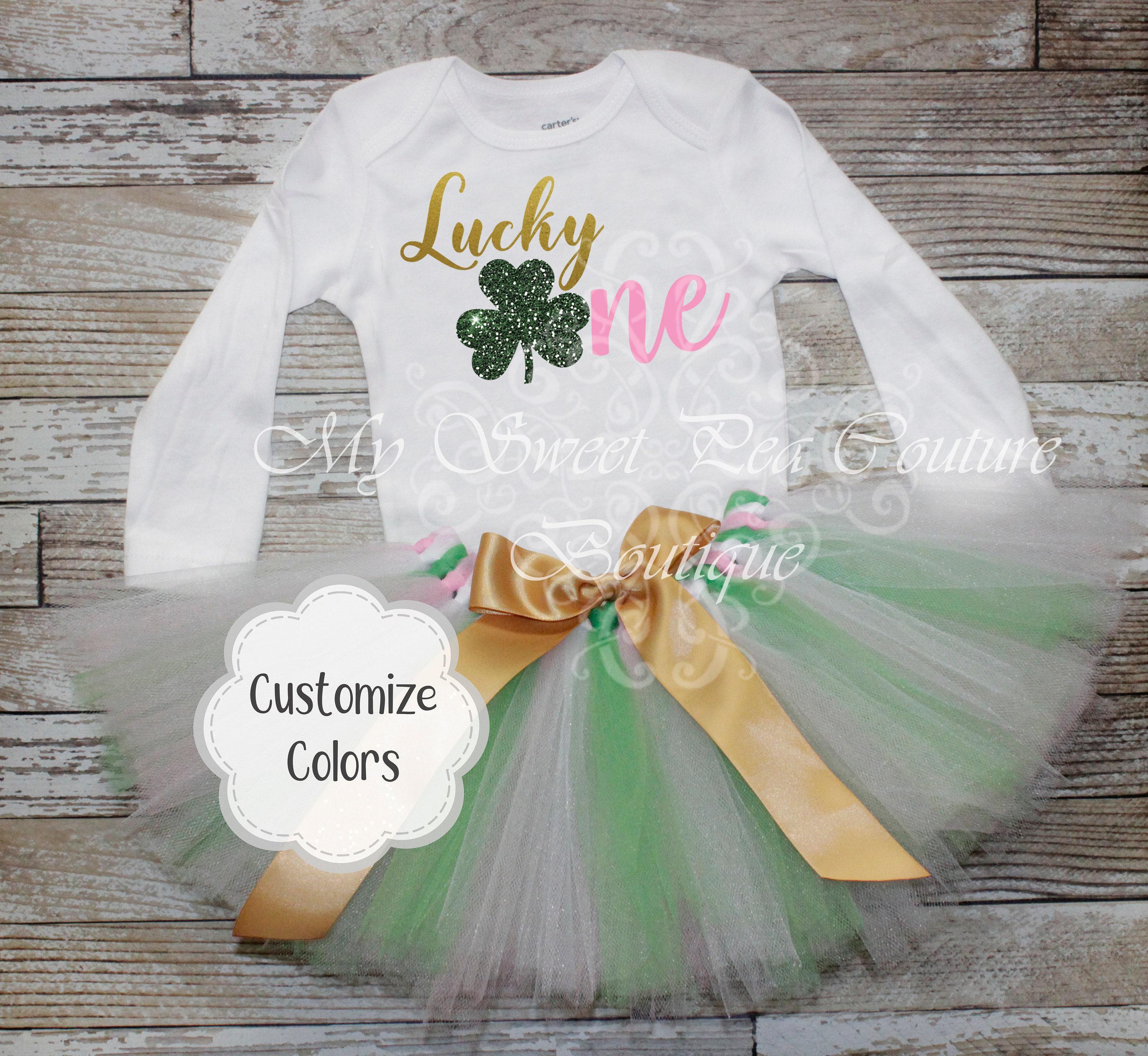 St Patricks First Baby Bodysuit - Cake Smash Outfit Gold Foil Lucky Clover - Handmade Tulle Tutu, Heat Press Vinyl, Infant Birthday