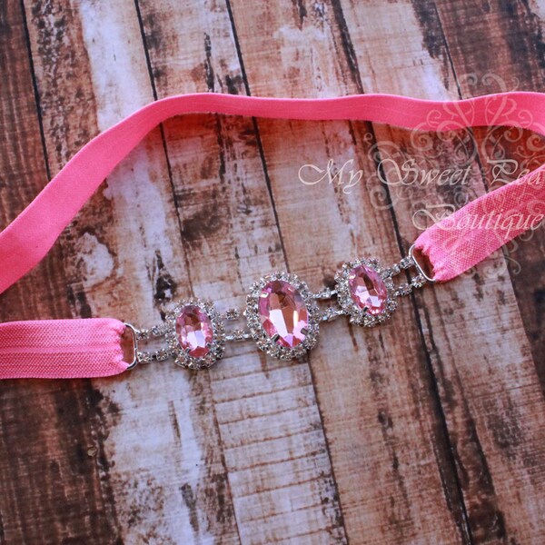 Pink Tourmaline Gemstone Crystal Headband, Rhinestone Couture Headband, Baby Girl New Born Fashion Headband, Infant Headband