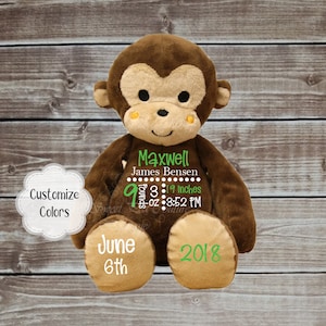 Keepsake Monkey Personalized Keepsake Birth Announcement Baby Gift Keepsake Stuffed Animal Baptism Gift Stats Monkey Baby Boy Gift Keepsake image 1