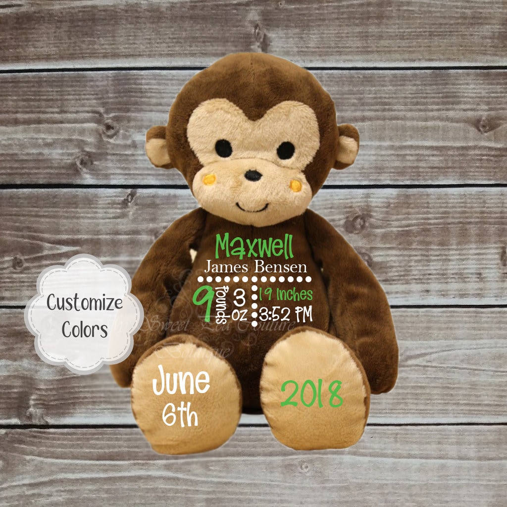 Toys Embroidered Birth Announcement Monkey Birth Stat Animal