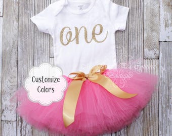First Birthday Tutu, Gold & Hot Pink Cake Smash Outfit | Handmade Double Layered Tutu | Cotton Bodysuit Size, Elastic Waist