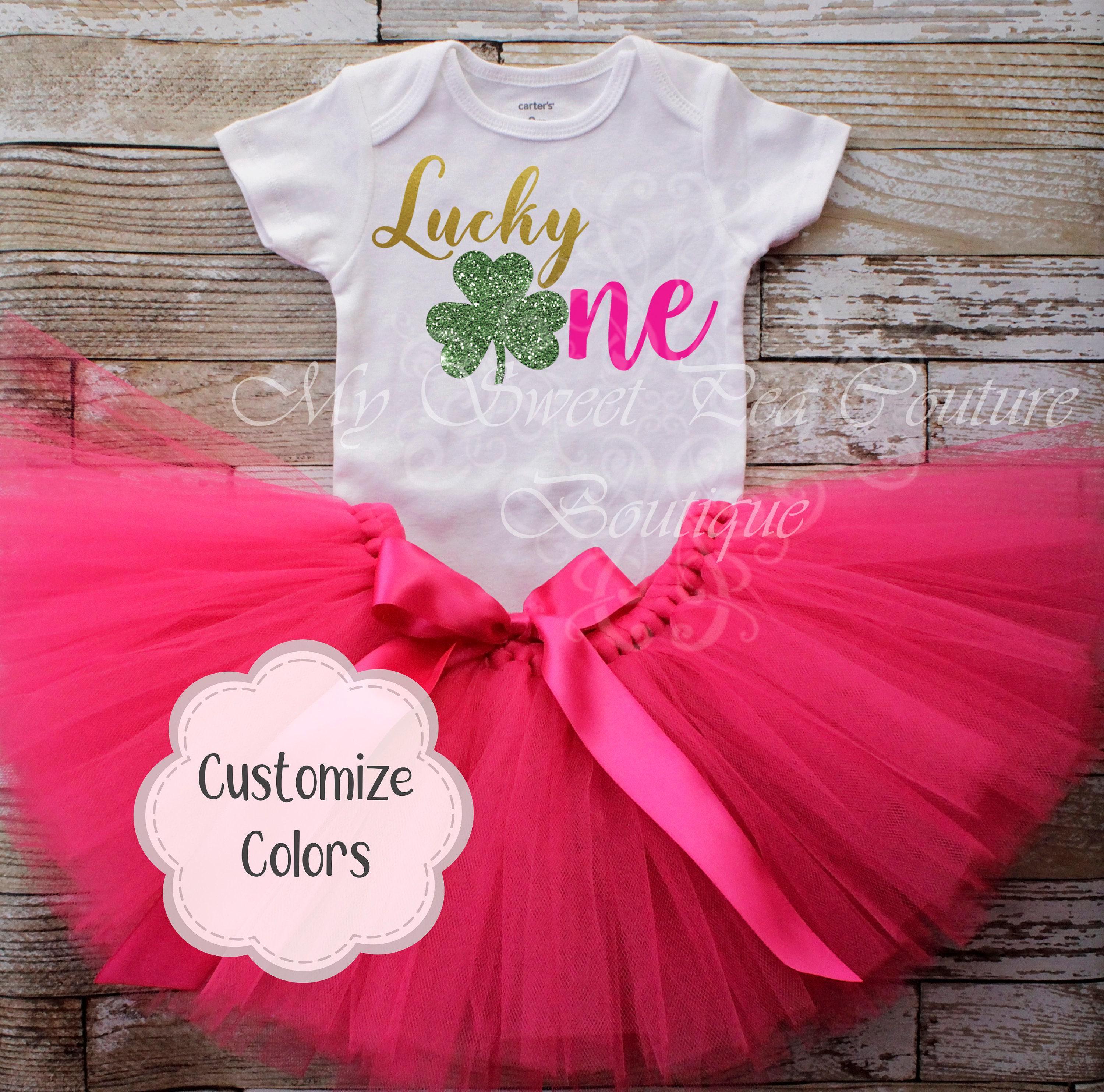 Lucky One Shamrock Birthday Outfit: Green Tutu Set, Gold Foil Vinyl - Handmade, Elastic Waist, Custom Name Bodysuit