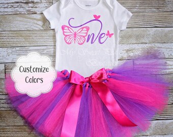 First Birthday Outfit: Butterfly Shirt and Double Layer Tutu - Customizable