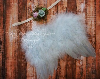 Light Blue Feather Angel Wings Set for Newborn Photography - Baby Photo Prop Accessory