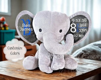 Grijze olifant knuffel - Gepersonaliseerde geboorteaankondiging pluche