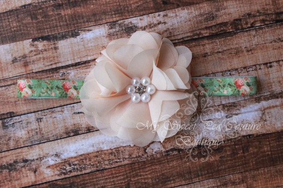 Elegant Cream Chiffon Ruffle Flower Headband With Pearl  display picture 3