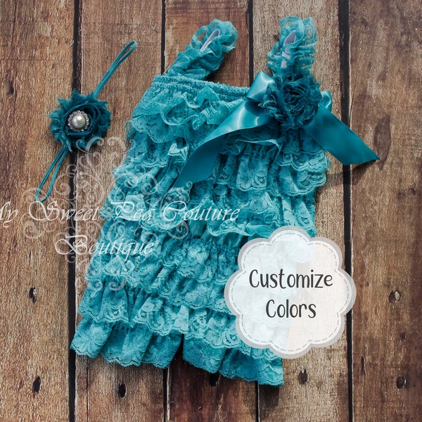 Teal Embelished Lace Petti Romper & Headband Set Petti Romper Baby Romper Headband Photo prop First Birthday Outfit Teal Baby Gift Newborn