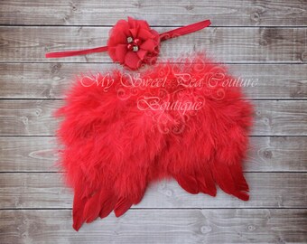 Crimson Feather Angel Wings for Newborn Baby Photography Props - Red Celestial Costume Accessory