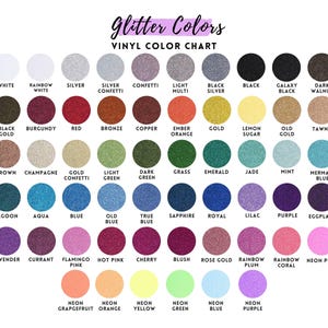 The image is a color chart displaying various glitter colors available in a vinyl material.