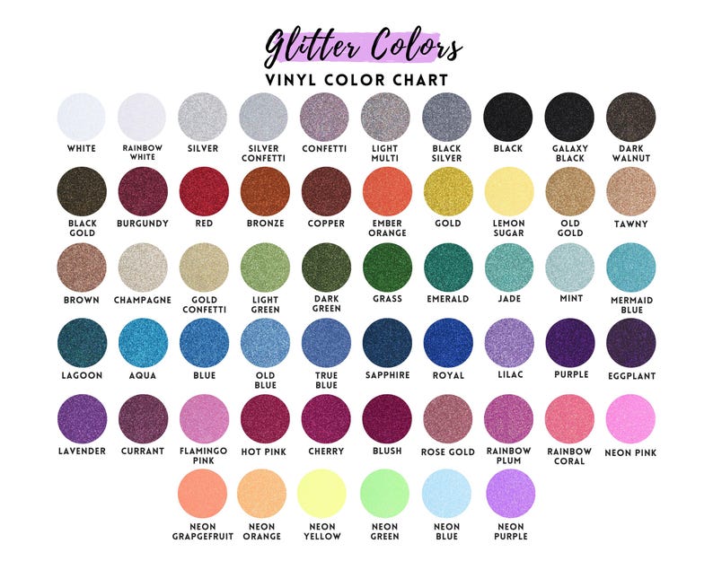 The image is a color chart displaying various glitter colors available in a vinyl material.