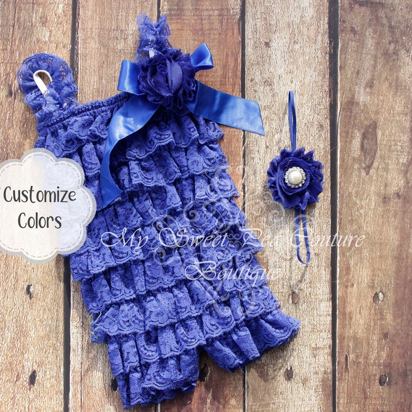 Royal Blue Embelished Lace Petti Romper & Headband Set Blue Romper Ruffle Romper Baby Romper 1st Birthday Outfit 4th of July First Birthday