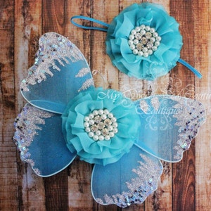 Winter Wonderland Butterfly Wing Set- Blue Butterfly Wings, Newborn Baby Wings, Blue Baby Headband, Woodland Fairy Wings, Baby Fairy Wings