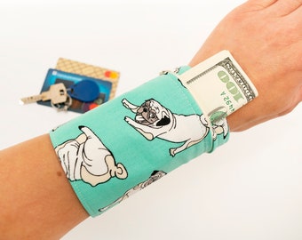 Mint Wrist wallet with pug dog Wristlet wallet bracelet wallet cuff Wide bracelet purse blue with a dog Serbernard