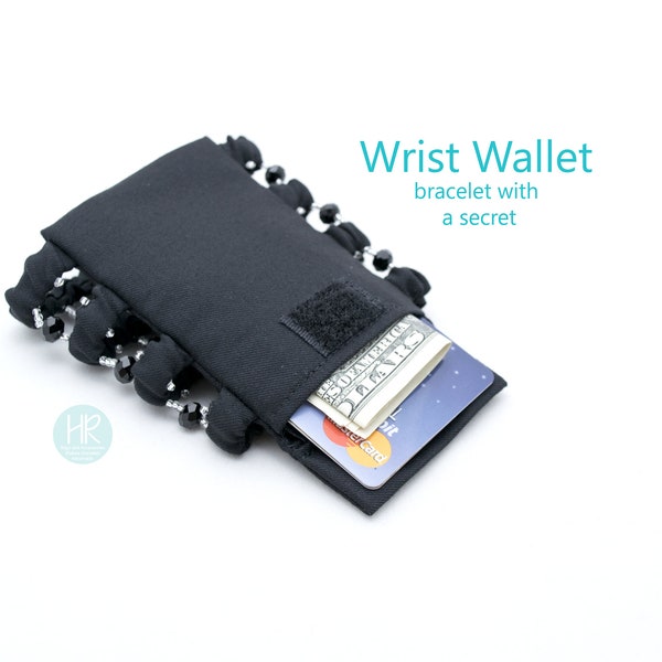 Travel Wrist Wallet Black . Wide Female bracelet purse with a secret . Wristlet wallet . Exclusive  Bracelet for money
