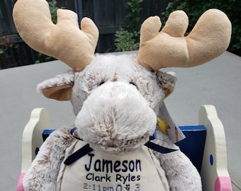 Personalized baby gift, Mason Moose, Stuffed animal keepsake with machine embroidery, Baptism gift, Memorial gift,  Personalized keepsake