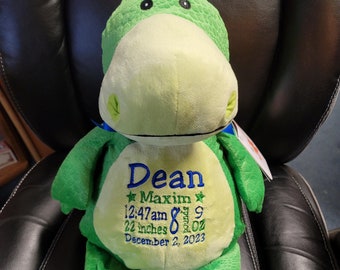 Personalized baby gift, Green Dino, Stuffed animal keepsake, machine embroidery, Baptism gift, Memorial gift,  Personalized keepsake