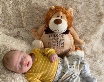 Personalized baby gift, Lion, Stuffed animal, keepsake, Baptism, Memorial, Personalized stuffed animal, birth stats