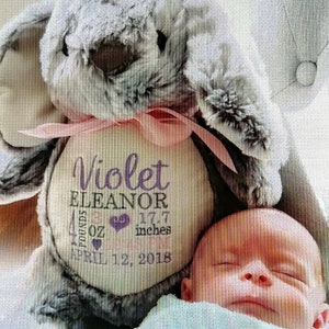 Personalized baby gift, Bunny, Stuffed animal keepsake with machine embroidery, Baptism gift, Memorial gift,  Personalized keepsake