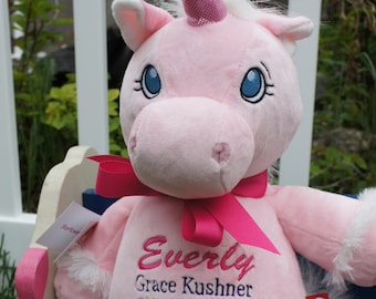 Personalized Baby Gift, "Baby Cubbies" Unicorn, Birth announcement stuffed animal keepsake with machine embroidery