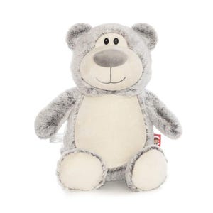 May include: A gray plush teddy bear with a white belly. The bear has a friendly face with black eyes and a black nose. The bear is sitting on a white background.