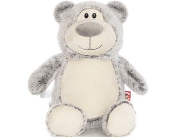 Personalized Baby Gift, "Baby Cubbies" Gray Bear, Birth announcement stuffed animal keepsake with machine embroidery