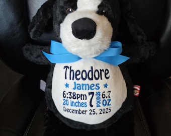 Personalized Baby Gift, "Baby Cubbies"  NEW dog, a Border Collie, Birth announcement, stuffed animal keepsake with machine embroidery