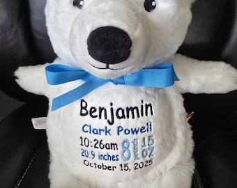 Personalized Baby Gift, "Baby Cubbies"  NEW Polar Bear, Frostbite, Birth announcement, stuffed animal keepsake with machine embroidery