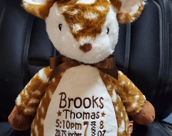 Personalized Stuffed Animal, "Baby Cubbies" New Deer, Birth announcement stuffed animal keepsake with machine embroidery