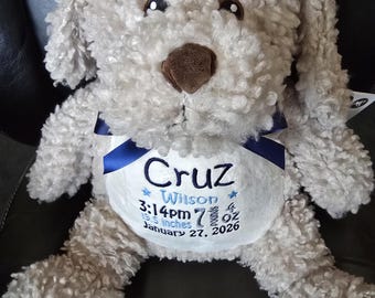 Personalized baby gift, Fluffy Puppy, Stuffed animal keepsake with machine embroidery, Baptism gift, Memorial gift,  Personalized keepsake