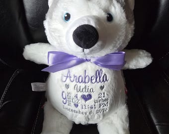 Personalized Baby Gift, "Baby Cubbies" Wolf/Husky, Birth announcement stuffed animal keepsake with machine embroidery
