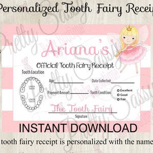 Recibo del Hada de los Dientes * Cuadro de dientes imprimible personalizado de Ariana, Recibo del Hada de los Dientes con descarga instantánea, Imprimibles del Hada de los Dientes
