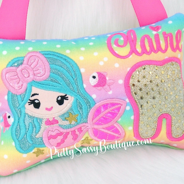 Mermaid Tooth Fairy Pillow, Tooth Fairy Pillow, Rainbow Girls Tooth Pillow, Girl Tooth Pillow, Birthday Gift, Personalized Tooth Pillow Girl