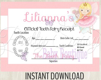 Tooth Fairy Receipt * Printable tooth chart, Instant Download Tooth Fairy Tooth Receipt, Tooth Fairy printables