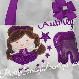 Purple Tooth Fairy Pillow Girl, Girls Tooth Fairy Pillow,  Personalized Tooth Pillow, Girls Tooth Pillow, Curly Fairy,Birthday, Baby, Gift