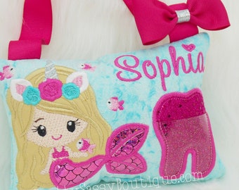 Mermaid Personalized Tooth Fairy Pillow Girls, Tooth Pillow, Tooth Fairy, Rainbow, Fairy, Birthday, Baby, Girl, Pink, Personalized Gift,